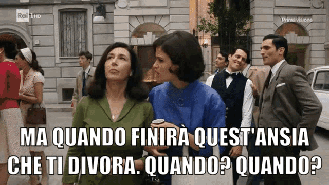 a group of people standing in front of a building with the caption ma quando finira quest ansia che ti divora quando quando ?