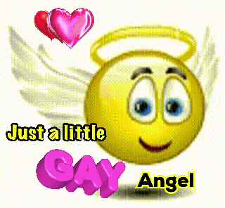 a smiley face with angel wings and the words " just a little gay angel "