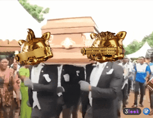 two men in suits are carrying a coffin with a 3look icon on the bottom right