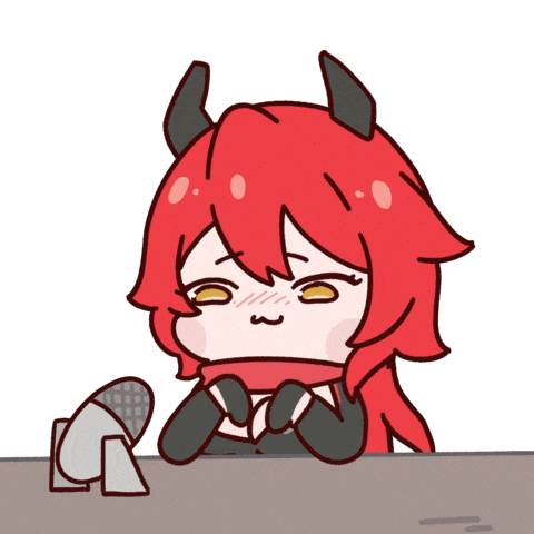 a cartoon character with red hair and horns is looking at herself in a mirror