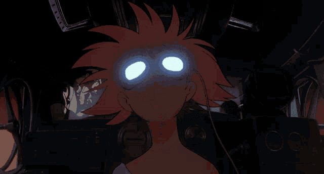 a cartoon character with glowing eyes is smiling and looking at the camera