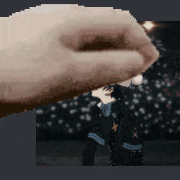 a pixel art of a hand holding a man 's face