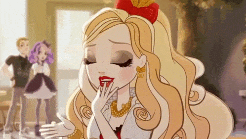 a cartoon girl with blonde hair and red lipstick is covering her mouth .