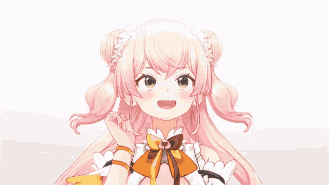 a girl with pink hair and green eyes has a flower in her hair