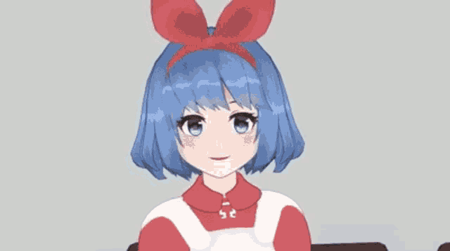 a girl with blue hair and a red bow on her head says ' sssss '