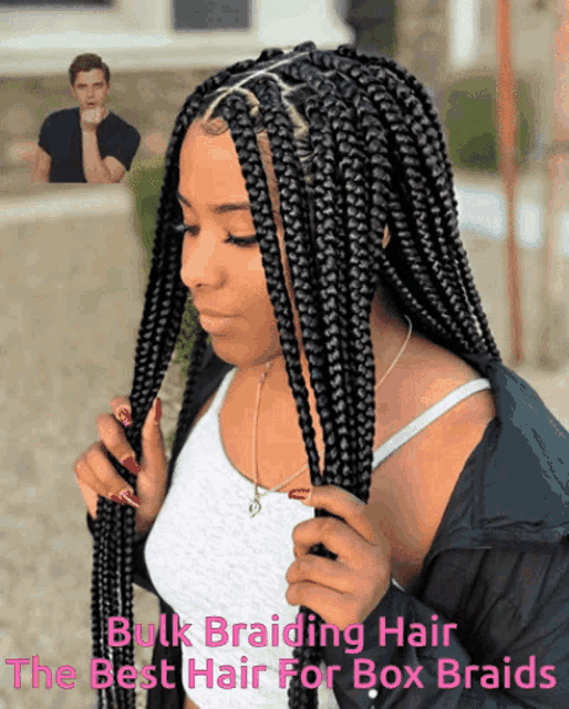 a woman with a braided hair style has the words bulk braiding hair the best hair for box braids on the bottom