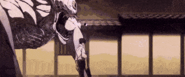 a cartoon character is standing in front of a building with a monster coming out of it 's mouth .