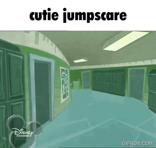 a cartoon of a hallway with the words " cutie jumpscare " at the top