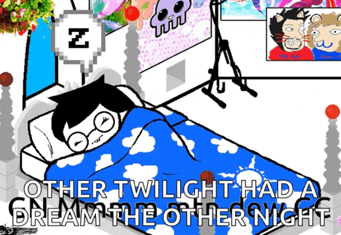 a cartoon of a man sleeping in a bed with the words other twilight had a dream the other night
