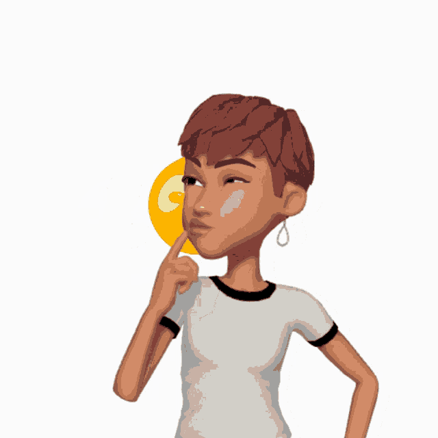 a cartoon character with a yellow question mark above her head