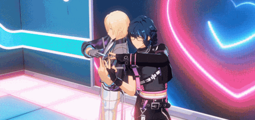 a couple of anime characters are standing next to each other in a room with a heart in the background .