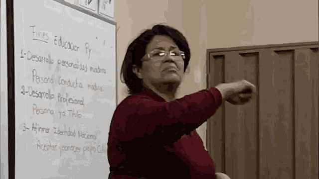 a woman stands in front of a white board that says fines educacion py on it
