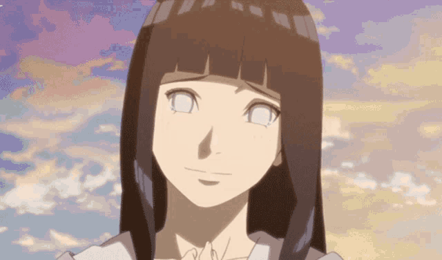 a girl with long black hair and white eyes is smiling