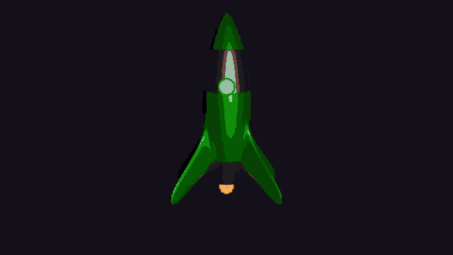 a green rocket is flying through the air with smoke coming out of it