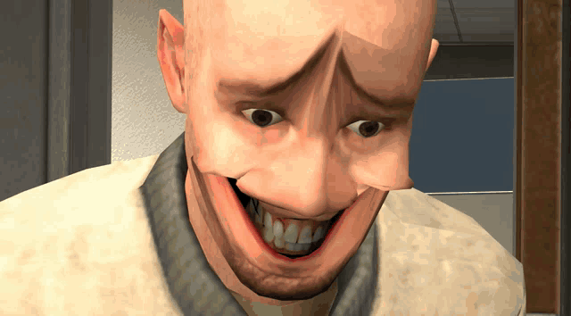 a close up of a man 's face with a big smile on his face