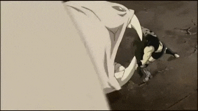 a cartoon character is fighting a monster with a large mouth .