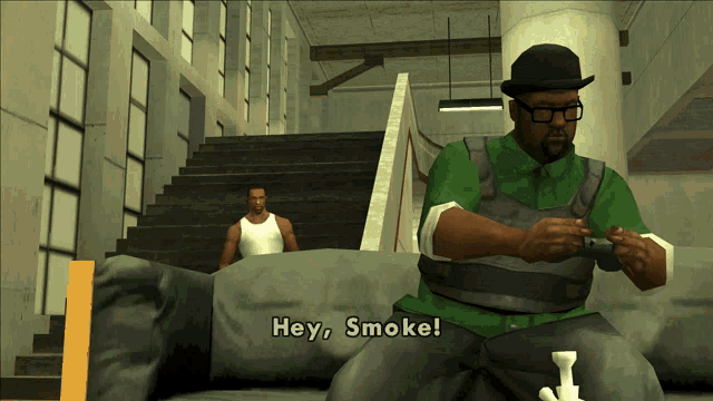 a man in a green shirt is sitting on a couch and says hey smoke