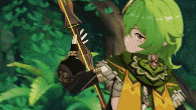 a girl with green hair is holding a bow and arrow in a video game