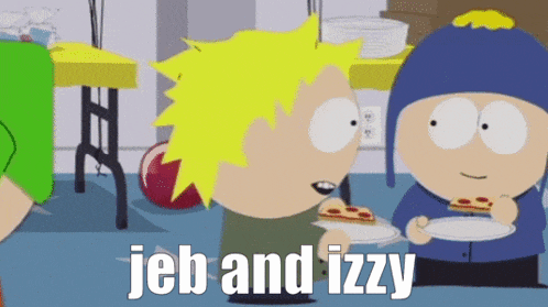 two south park characters eating pizza with the words " jeb and izzy " on the bottom right