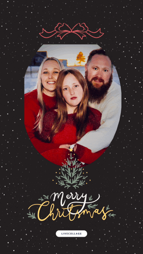 a merry christmas card with a picture of a family on it