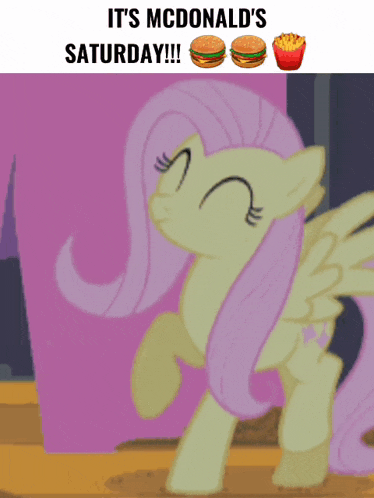 a cartoon of a pony with the words " it 's mcdonald 's saturday !!! "