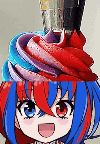 a swirl of red purple and blue frosting next to a girl 's face