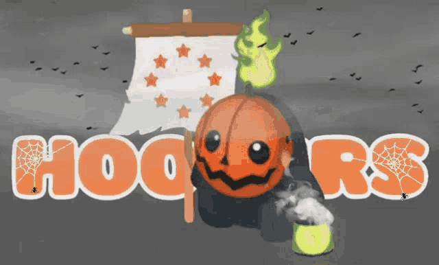 a cartoon drawing of a pumpkin holding a flag and the word hooters