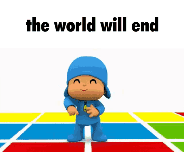 a cartoon character from pocoyo is dancing on a colorful tiled floor