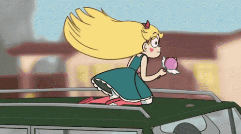 star butterfly from star vs the forces of evil is kneeling on the roof of a vehicle