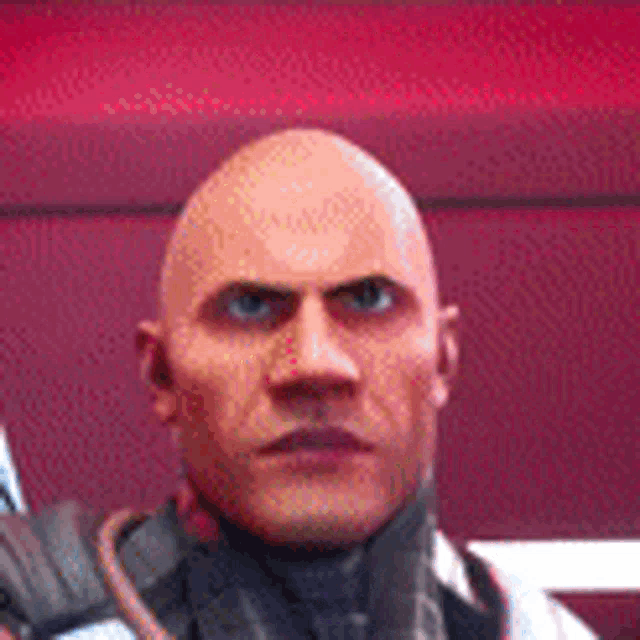 a close up of a bald man 's face in a video game with a red background .