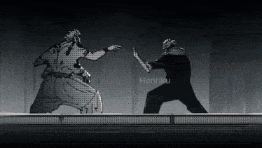 a black and white drawing of two men fighting with henriku written on the bottom right