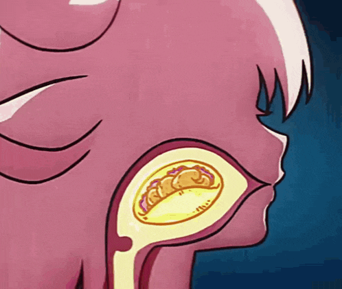 a cartoon drawing of a person 's mouth with a taco inside of it