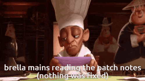 a cartoon chef is reading the patch notes of a video game .