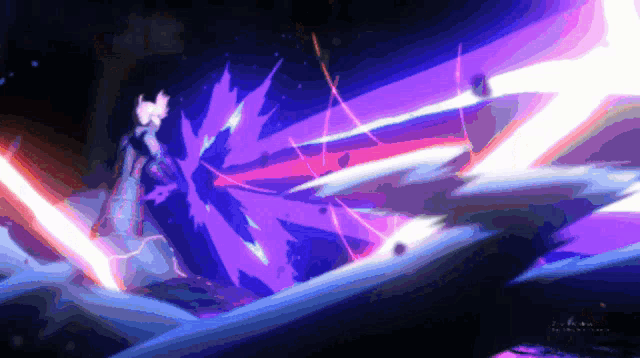 a pixel art of a person holding a sword in a purple and blue background