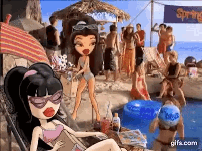 a cartoon girl is laying in a chair on a beach .