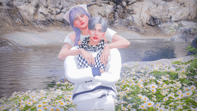 a girl with purple hair is hugging a boy with white hair