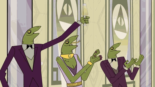 a cartoon of three lizards toasting with champagne glasses