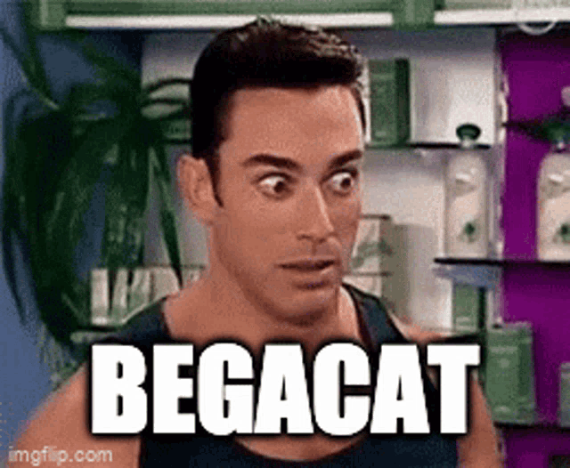 a man with a surprised look on his face is standing in front of a shelf with the words begacat written on it .