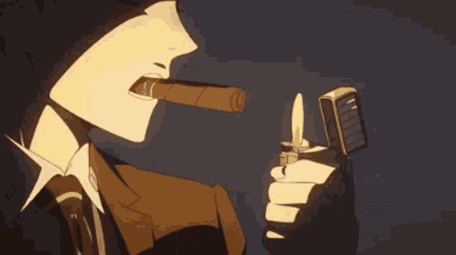 a man in a suit is smoking a cigar with a lighter in his hand