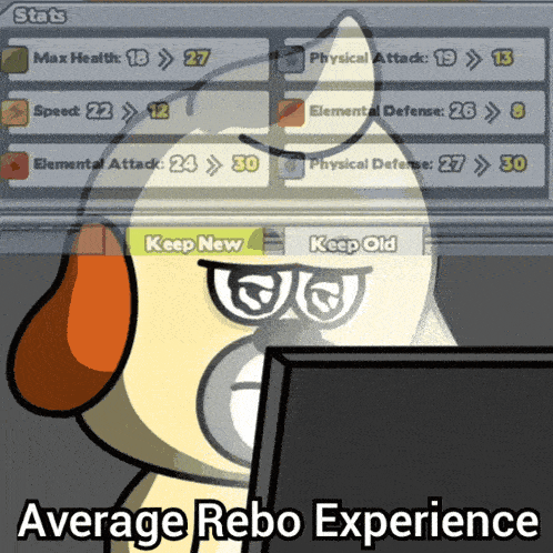 a cartoon of a dog looking at a computer screen with the words average rebo experience below it