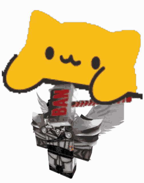 a yellow cat with wings and a sign that says ban on it