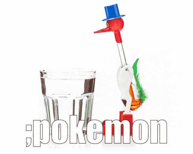 a glass of water is being poured from a red and white bird