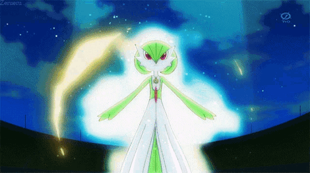 a green and white cartoon character is standing in front of a tv screen that says zermeni