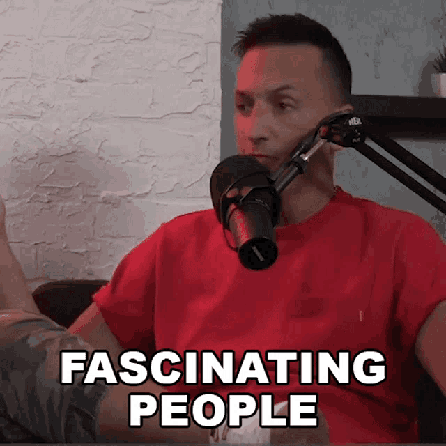 a man in a red shirt sits in front of a microphone with the words fascinating people written below him