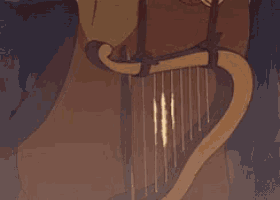 a close up of a cartoon character playing a harp