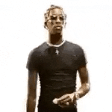 a young man wearing a black shirt and sunglasses is standing in front of a white background .