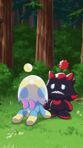 a couple of cartoon characters standing in the grass