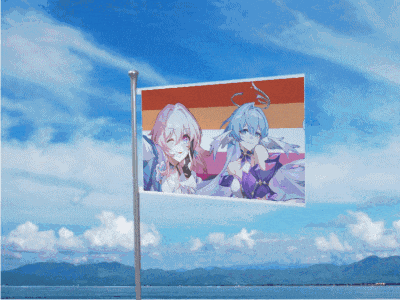 a flag with a picture of two anime girls on it is flying in the wind