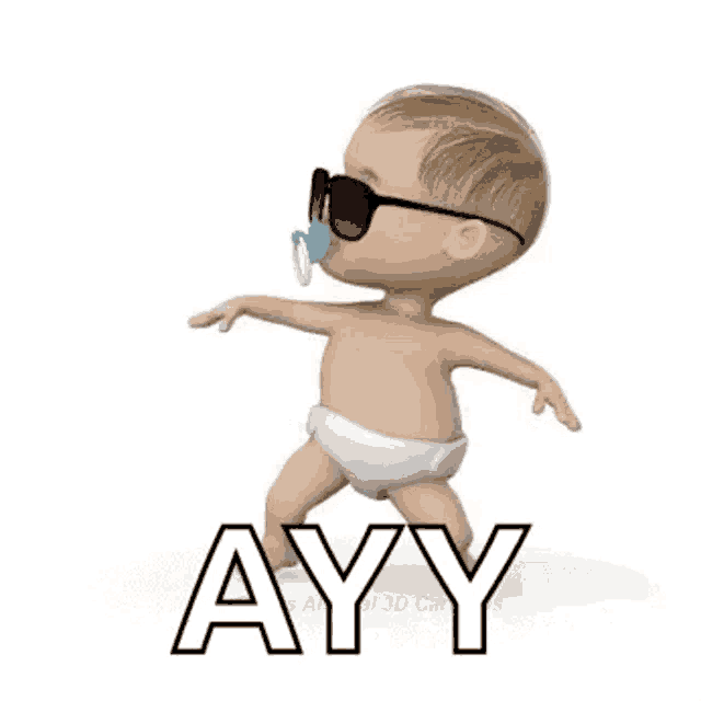 a baby wearing sunglasses and a pacifier is walking .