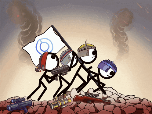 a cartoon of stick figures holding guns and a flag with the letter o on it